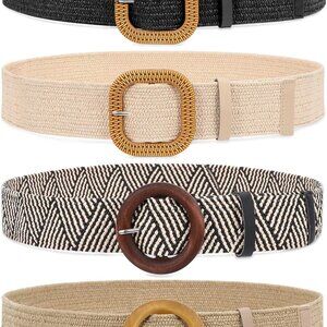 Set of 3/4 Straw Woven Elastic Belts Women Boho Braided Skinny Dress